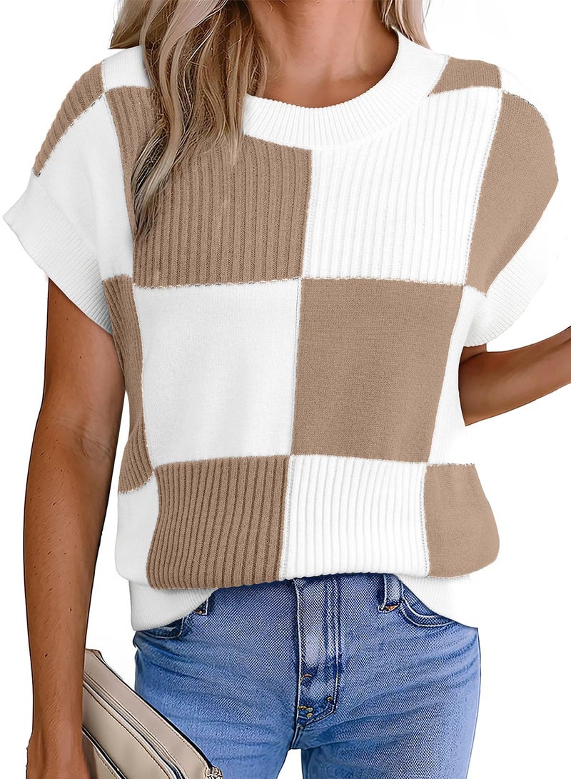 EVALESS Fall Sweaters for Women 2026 Round Neck Short Sleeve Sweater Vests Trendy Color Block Knit Cap Sleeve Blouses Tops Womens Spring Winter Outfits Fashion Clothes Khaki Medium - Image 1