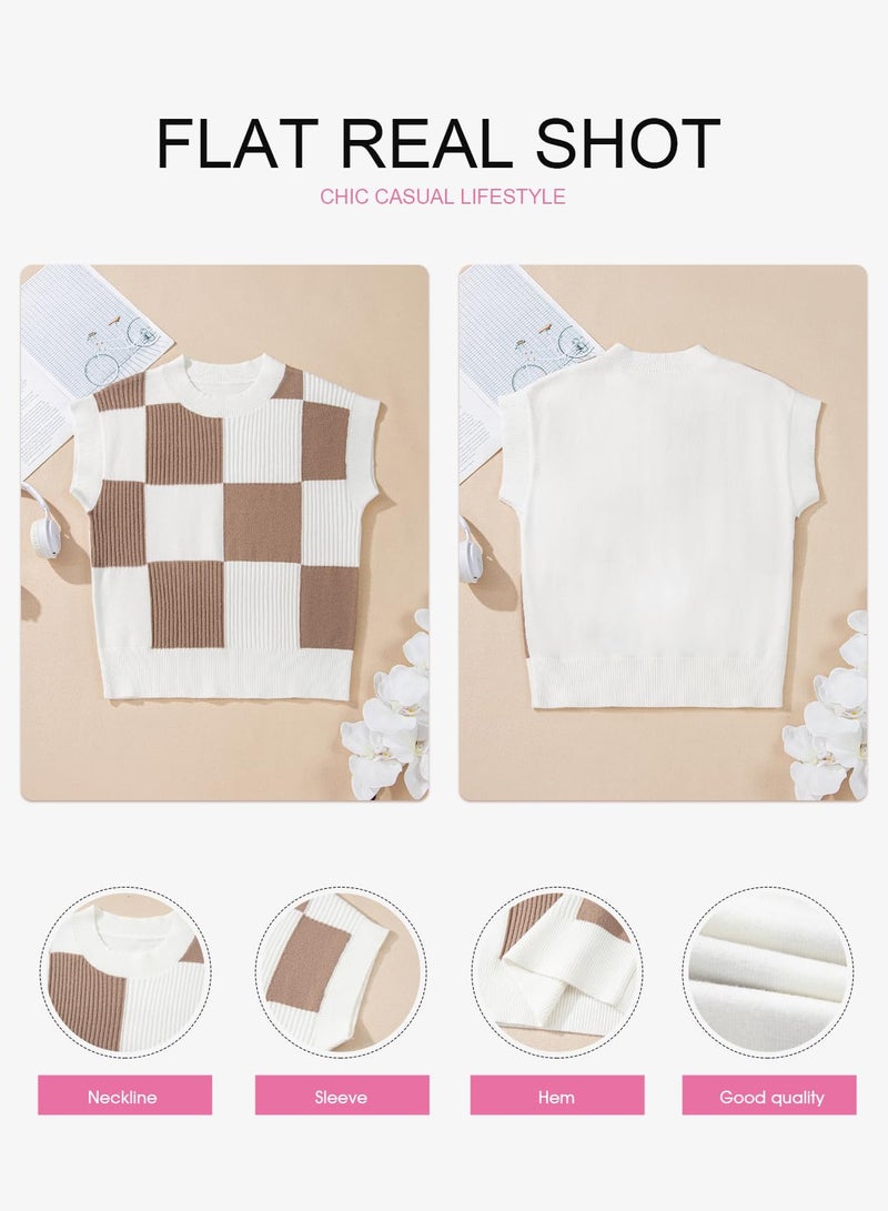 EVALESS Fall Sweaters for Women 2026 Round Neck Short Sleeve Sweater Vests Trendy Color Block Knit Cap Sleeve Blouses Tops Womens Spring Winter Outfits Fashion Clothes Khaki Medium - Image 5