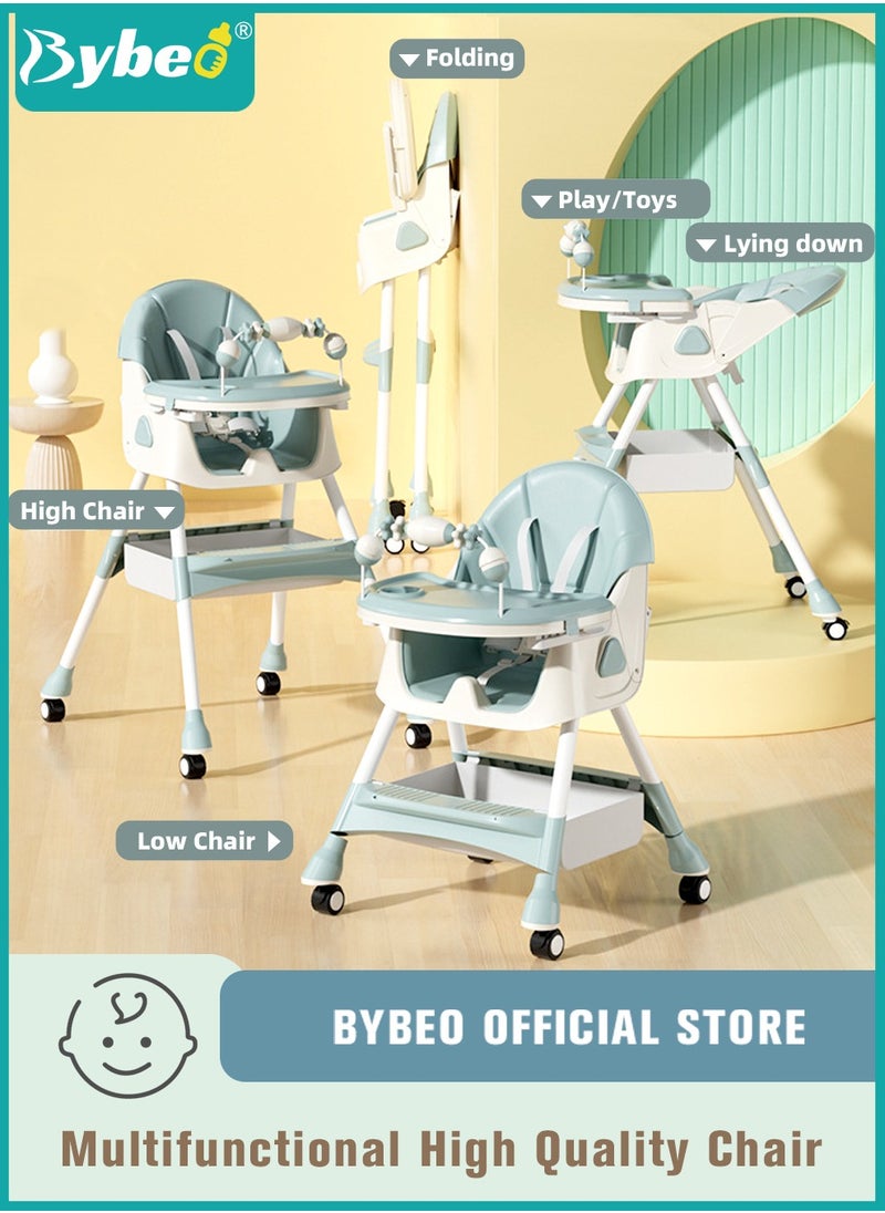 Bybeo - Baby High Chair for Toddlers, Foldable Children Highchairs, Dining Booster Seats with Adjustable Seat Height & Backrest, 4 Wheels and Removable Tray - Image 1
