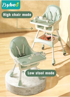 Bybeo Baby High Chair for Toddlers, Foldable Children Highchairs, Dining Booster Seats with Adjustable Seat Height & Backrest, 4 Wheels and Removable Tray  - Image 3
