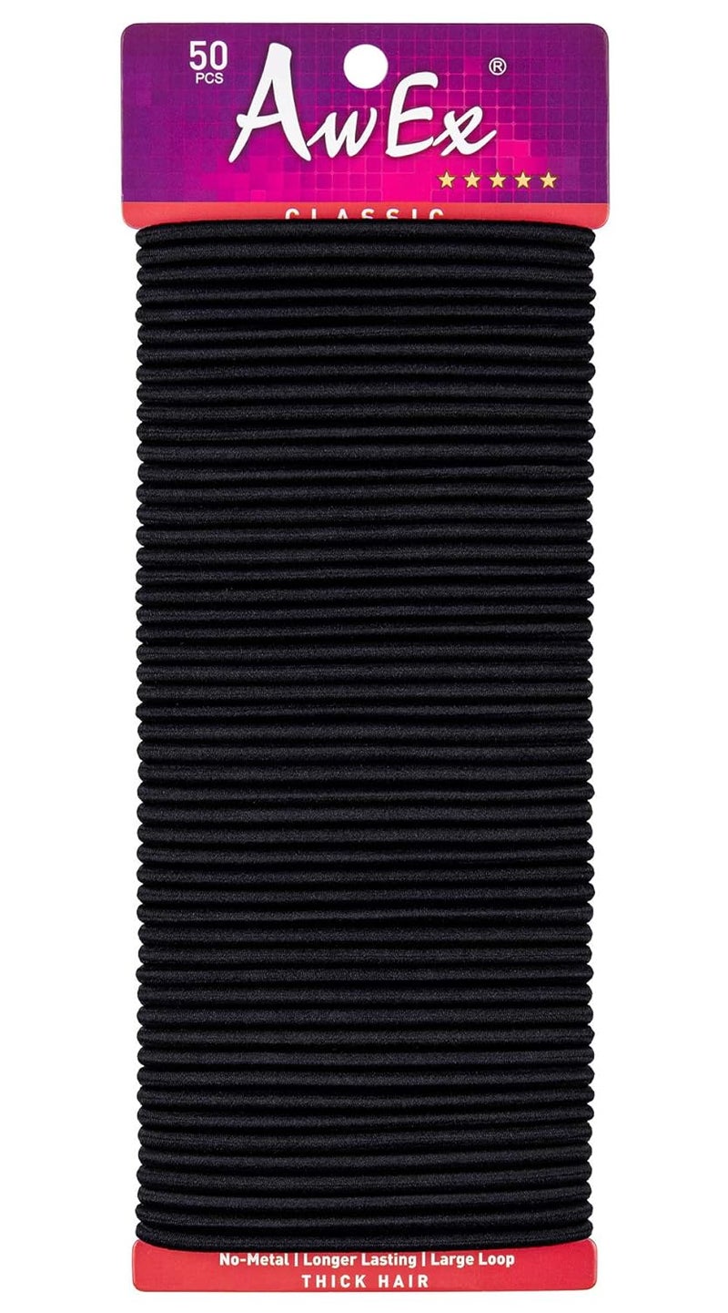 AwEx Hair Ties Large Black 50 PCS 4 mm Thick 170 mm Circumference No Metal Ouchless NonTangle NonPull  Great for Thick Curly Wavy Hair