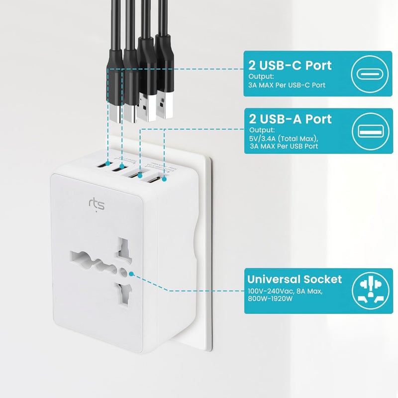 Rts Universal Travel Adapter with 2 Type C 2 USB Ports AC Outlet International Plug Adapter Converter Type CAGI All in One Wall Charger Worldwide Travel Adaptors for US to EU UK AUS Asia - Image 4