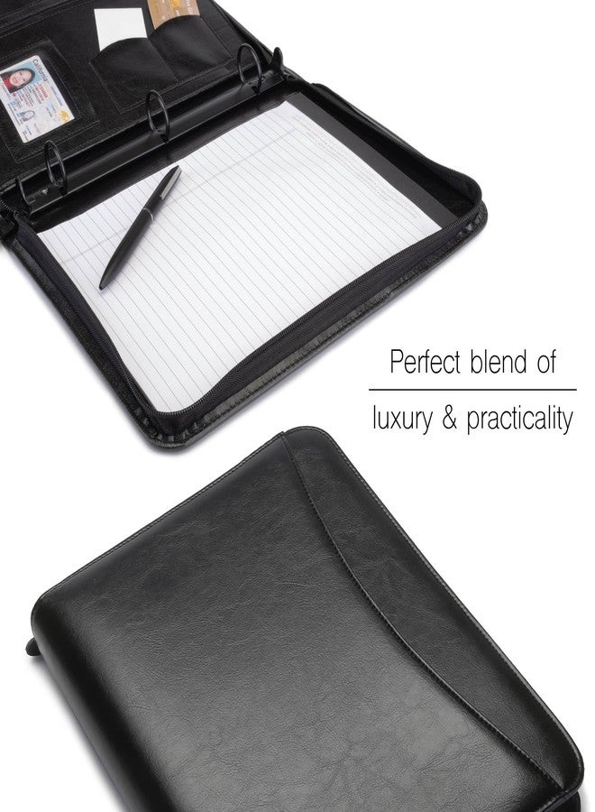 Travigo 3-Ring Zipper Portfolio Binder | 1.25" Faux Leather Padfolio with Zipper for Women & Men | Professional Business Portfolio Folder with Writing Pad, Gusseted File Pocket, ID Window (Black) - Image 3