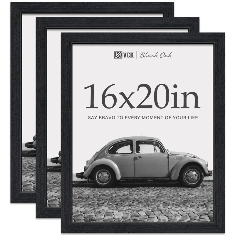 VCK 16x20 Picture Frames for Wall  Black Oak 3 Pack Natural Wood Grain Solid Wood Poster Frame