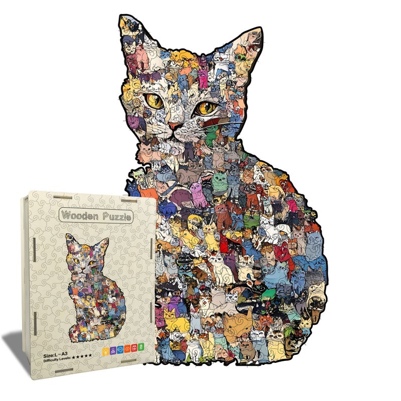 Irregular Wooden Puzzle Cat Adult Brain Training Game Home Decor Painting Holiday Gift Size L - Image 1