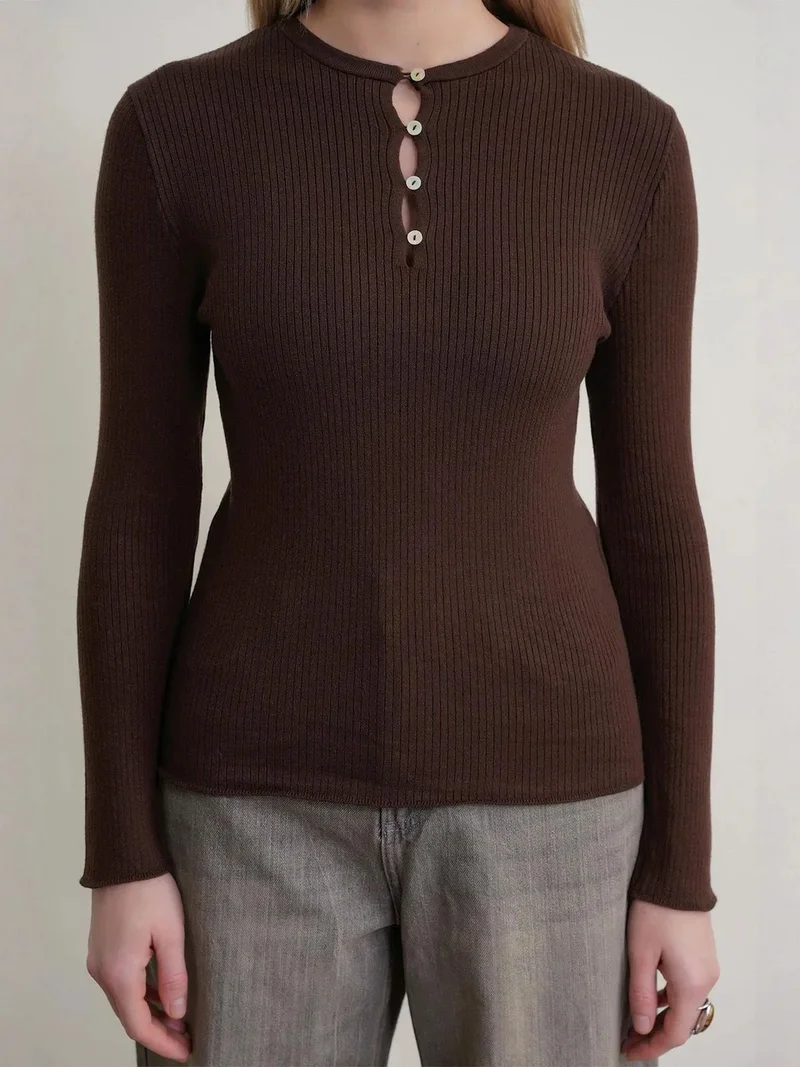 Mixray Coffee Brown MIXRAY Button Detailed Crew Neck Sweater for Women | Best Price UAE