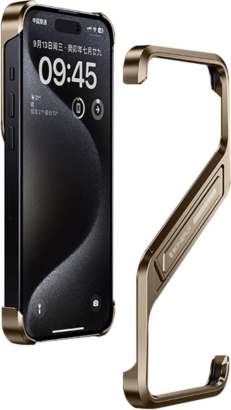 Tech Trendz Aluminium Alloy S Shaped Frameless Case, Invisible Stand Shockproof Bumper Protective Cover Compatible with iPhone 16 Pro (Desert Titanium) - Image 1