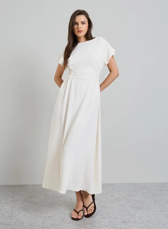تايك تو Beige Short Sleeves Ruched Details Maxi Dress