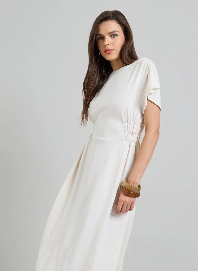 تايك تو Beige Short Sleeves Ruched Details Maxi Dress