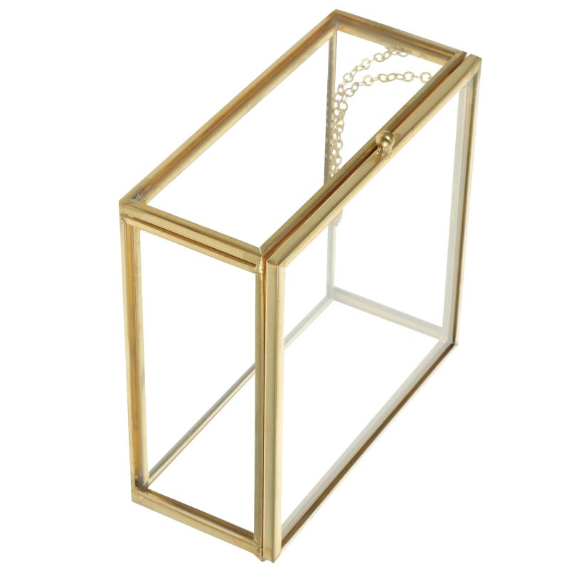 Glass Jewelry Box with Gold Alloy Frame Organizer for Rings Lipstick Dustproof Vanity Desktop Storage - Image 2