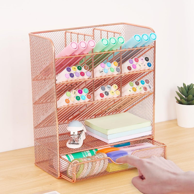 Spacrea Pen Holder Desk Organizer - Desk Organizers and Accessories, Pencil Holder with 10 Compartments and 1 Drawerï¼ˆRose Goldï¼‰ - Image 3