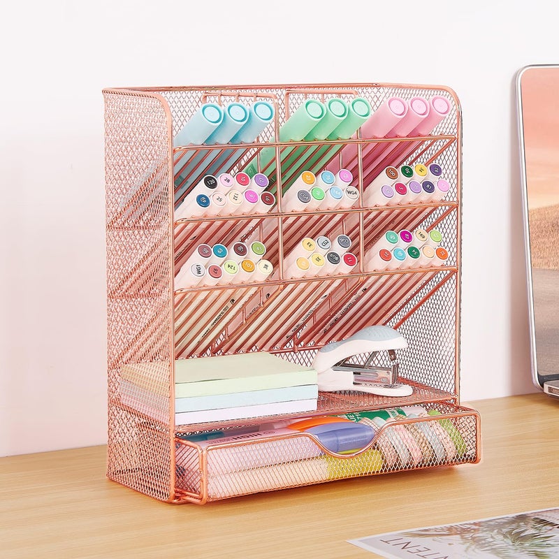 Spacrea Pen Holder Desk Organizer - Desk Organizers and Accessories, Pencil Holder with 10 Compartments and 1 Drawerï¼ˆRose Goldï¼‰ - Image 4