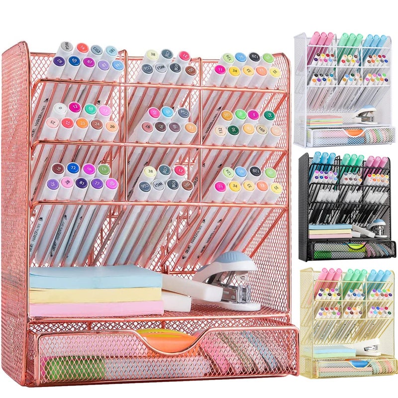 Spacrea Pen Holder Desk Organizer - Desk Organizers and Accessories, Pencil Holder with 10 Compartments and 1 Drawerï¼ˆRose Goldï¼‰ - Image 1
