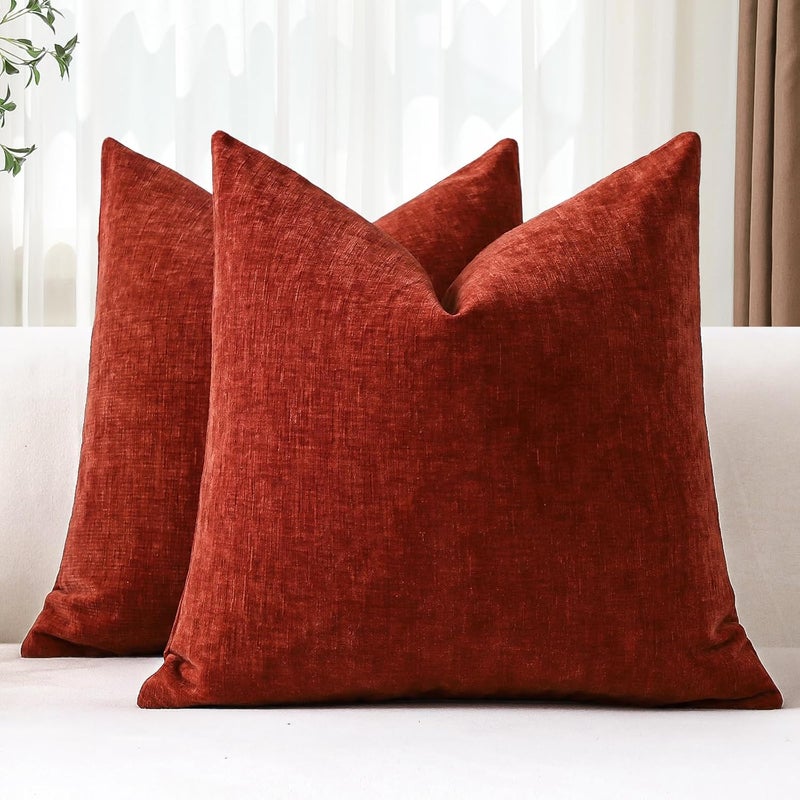 JOTOM Set of 2 Cushion Covers 60 x 60 cm Soft Chenille Rust Decorative Cushion Cover Lumbar Solid Pillowcase for Sofa, Living Room, Bed, Home Decor (Rust) - Image 1