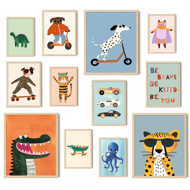 Aroutde 12Pcs Baby Nursery Room Decor, Cartoon Animal Playroom Canvas Wall Art Kids Transport Inspirational Quotes Posters Colorful Printing for Boys and Girls Room Decorï¼ˆUnframedï¼‰ - Image 1