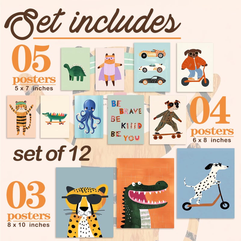 Aroutde 12Pcs Baby Nursery Room Decor, Cartoon Animal Playroom Canvas Wall Art Kids Transport Inspirational Quotes Posters Colorful Printing for Boys and Girls Room Decorï¼ˆUnframedï¼‰ - Image 3