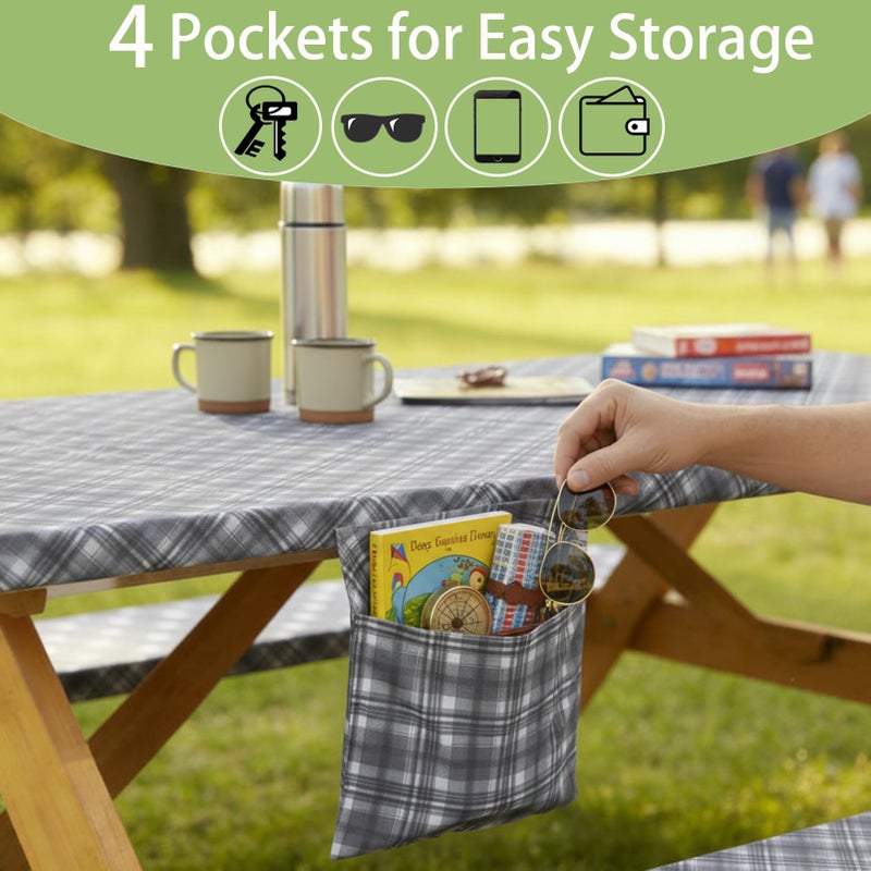memKiya Fitted Waterproof Picnic Table Cover with Bench Covers Heavy Duty Elastic Outdoor Camping Tablecloth for 6 Foot Rectangle Tables Summer Rv Accessories Patio Garden Road Trip Essentials Gifts - Image 5