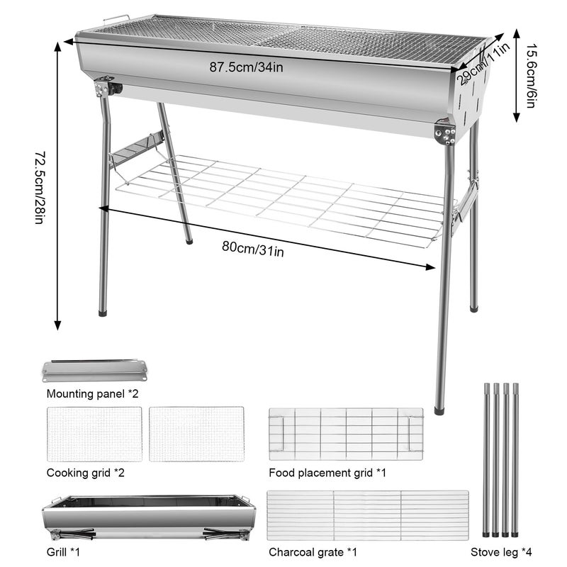 Guogiyala Portable Charcoal Grill, Foldable Stainless Steel Grill with Storage Shelf and non-slip feet - ideal for outdoor Kabob cooking, picnics and camping (lager) - Image 2