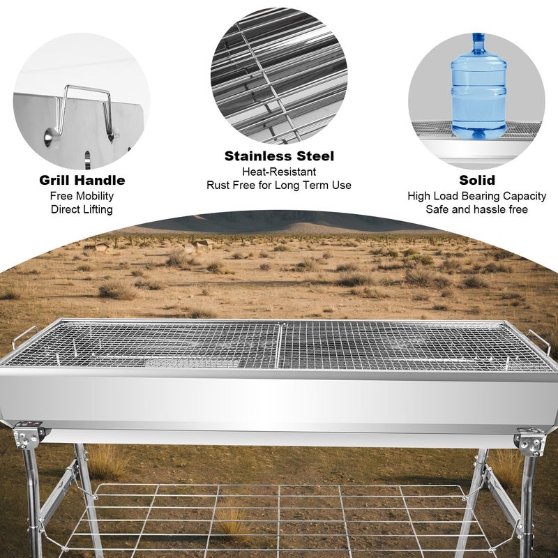 Guogiyala Portable Charcoal Grill, Foldable Stainless Steel Grill with Storage Shelf and non-slip feet - ideal for outdoor Kabob cooking, picnics and camping (lager) - Image 4