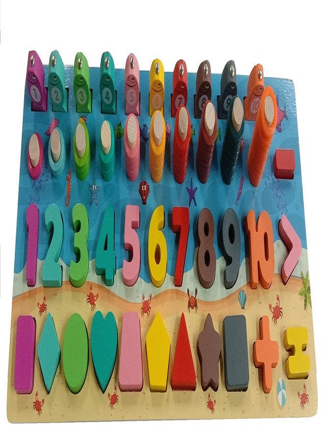 Seven Moon Wooden 4 in 1 Montessori 3D Counting Geometric Figures Matching Board Magnetic Fish Catching Stick Educational Children Toy Random Color
