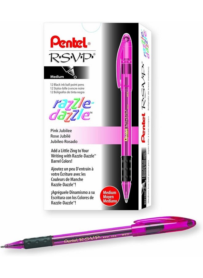 بنتل قلم حبر جاف Pentel RSVP Razzle-Dazzle، خط متوسط (1.0 مم)، أسطوانة وردية، حبر أسود، علبة من 12 قلمًا (BK91RDP-A) - Image 1