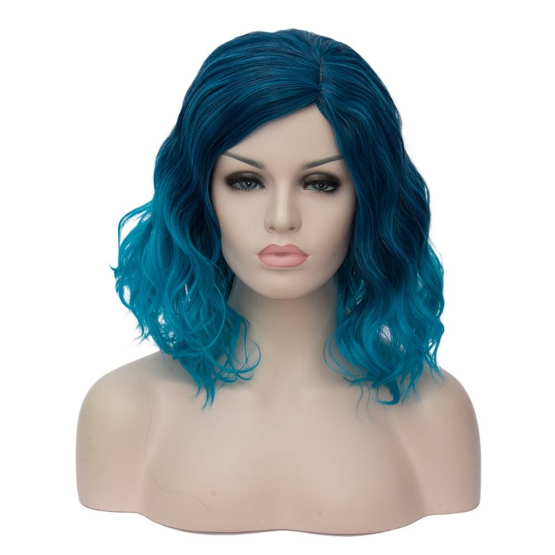 Short Bob Wavy Curly Wig Blue Wig For Women Cosplay Halloween Wigs Heat Resistant Bob Party Wig Include Wig Cap Blue