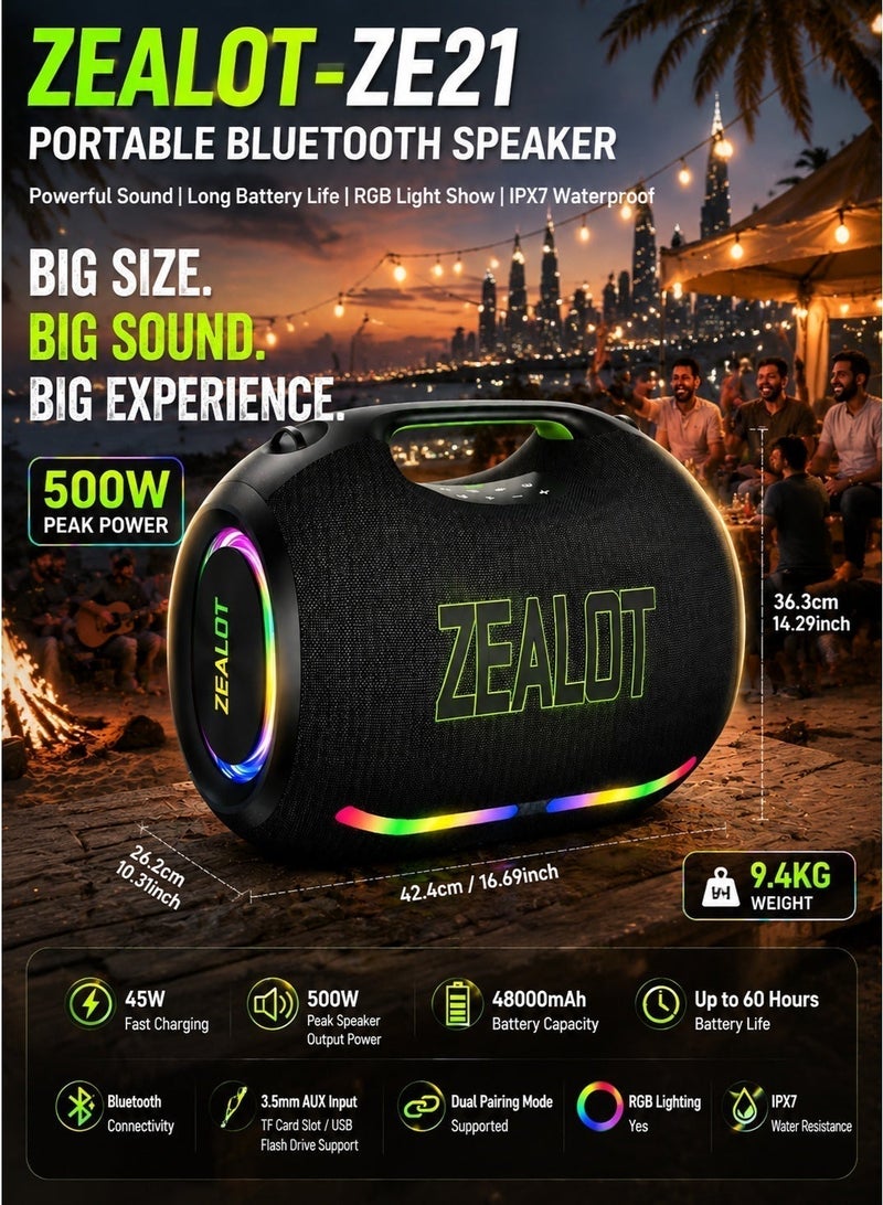 ZEALOT ZE21 Portable Bluetooth Speaker 500W Peak Powerful Deep Bass Stereo Wireless 48000mAh Battery Up to 60H Playtime IPX7 Waterproof 45W Fast Charging RGB Lights TWS for Outdoor Home Party - Image 1