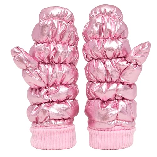 Funky Junque Puffer Mittens for Women, Fleece Lined Gloves, Shiny Metallic Finish, Soft Knit Cuff, Warm Winter Accessory - Pink - Image 1