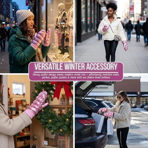 Funky Junque Puffer Mittens for Women, Fleece Lined Gloves, Shiny Metallic Finish, Soft Knit Cuff, Warm Winter Accessory - Pink - Image 5