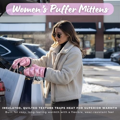 Funky Junque Puffer Mittens for Women, Fleece Lined Gloves, Shiny Metallic Finish, Soft Knit Cuff, Warm Winter Accessory - Pink - Image 3