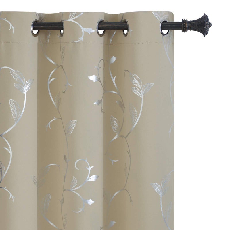 BUHUA Flower Print Blackout Curtains Thermal Insulated Window Curtains Silver Elegant Vine Pattern for Baby Room Beige 38W by 63L 2 Panels