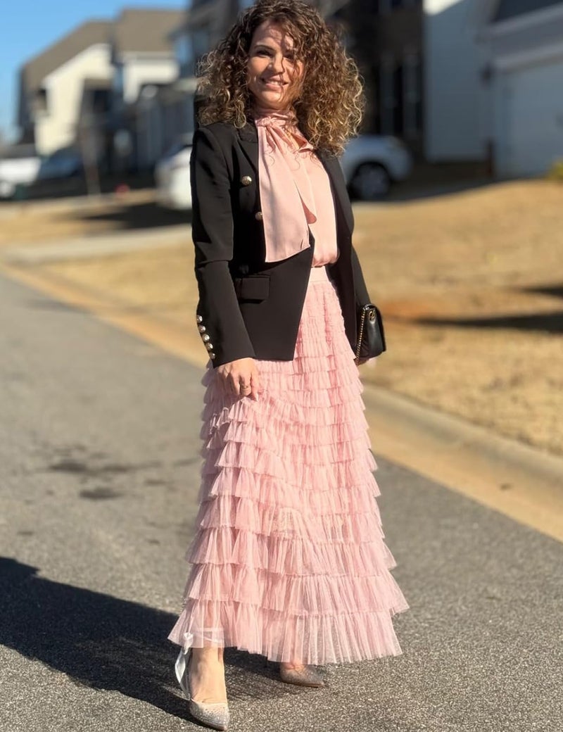 Flygo Women's Long Maxi Tulle Skirts A Line Ruffle High Waisted Tiered Layered Mesh Tutu Skirt Petticoat(Pink-L) - Image 3
