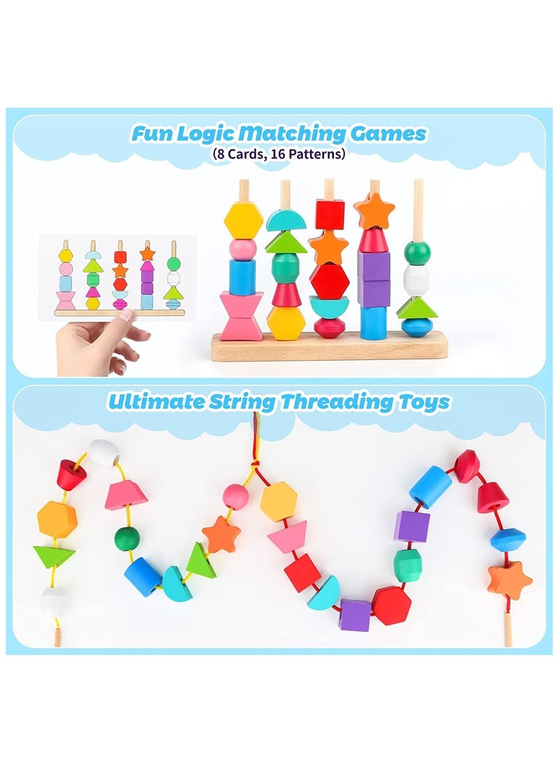 Wooden Beads Sequencing Toy Set, Lacing Beads & Matching Shape,Montessori Toys for 2 3 4 5 Year Old STEM Preschool Education Toys Gifts for Kids Boy Girl - Image 2