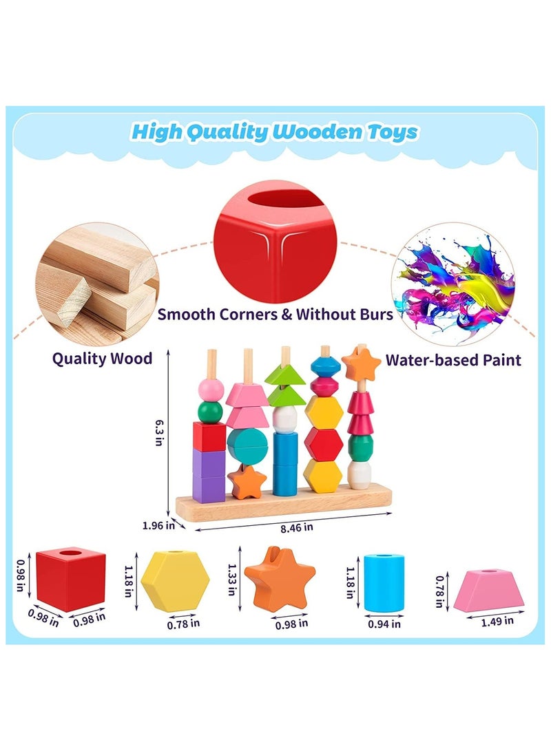 Wooden Beads Sequencing Toy Set, Lacing Beads & Matching Shape,Montessori Toys for 2 3 4 5 Year Old STEM Preschool Education Toys Gifts for Kids Boy Girl - Image 4