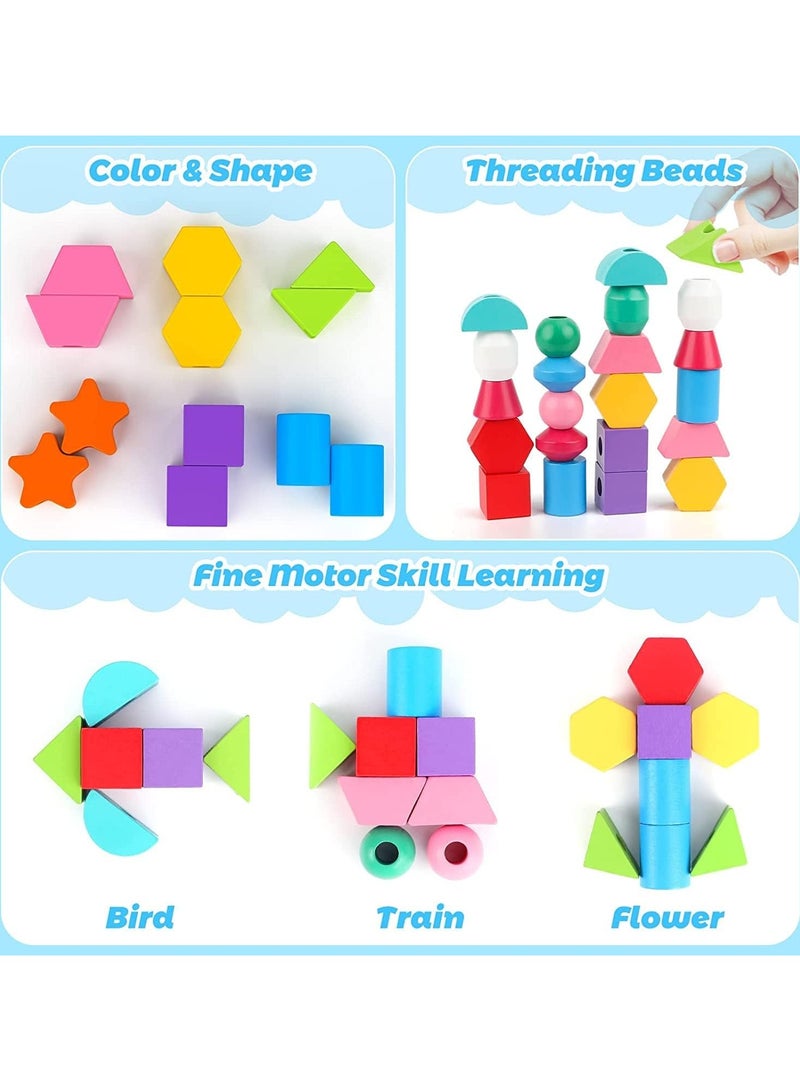 Wooden Beads Sequencing Toy Set, Lacing Beads & Matching Shape,Montessori Toys for 2 3 4 5 Year Old STEM Preschool Education Toys Gifts for Kids Boy Girl - Image 3