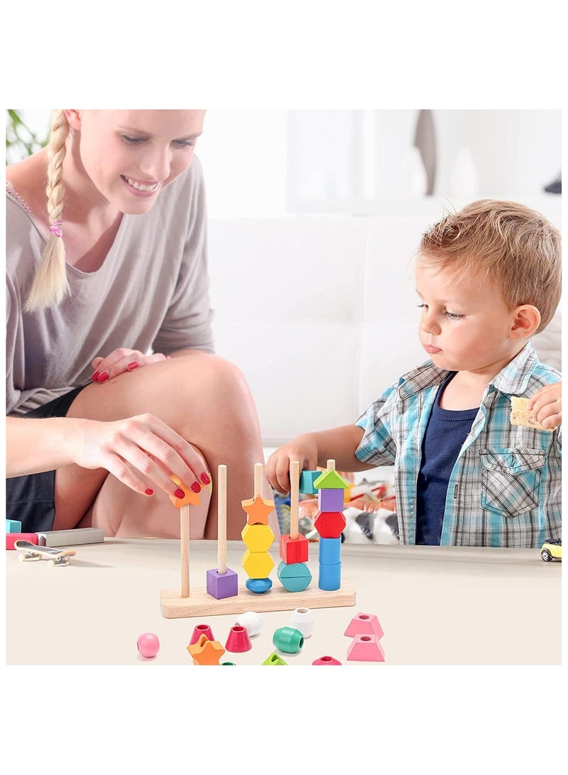 Wooden Beads Sequencing Toy Set, Lacing Beads & Matching Shape,Montessori Toys for 2 3 4 5 Year Old STEM Preschool Education Toys Gifts for Kids Boy Girl - Image 5
