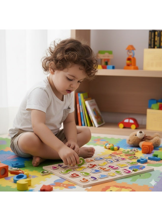 بازل خشب الحروف العربية  للأطفال – لعبة تعليمية لتنمية المهارات وتعليم  الأبجدية – قطع ملونة ثلاثية الأبعاد مع أماكن مخصصة لكل حرف متعدد الالوان - Image 3