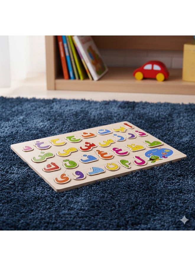 بازل خشب الحروف العربية  للأطفال – لعبة تعليمية لتنمية المهارات وتعليم  الأبجدية – قطع ملونة ثلاثية الأبعاد مع أماكن مخصصة لكل حرف متعدد الالوان - Image 5