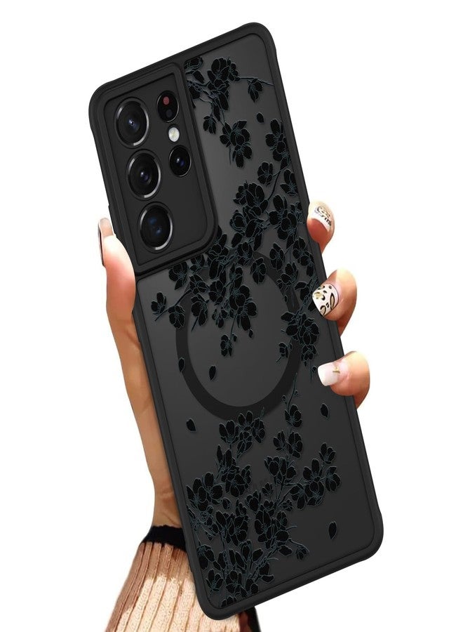 أو أو كيه جراب OOK لهاتف سامسونج جالاكسي S21 ألترا 6.8 بوصة (متوافق مع الشحن اللاسلكي) غطاء هاتف شفاف مزين بالزهور السوداء، مصنوع من مادة TPU الناعمة + مادة PC الصلبة، مقاوم للخدوش والصدمات، جراب مغناطيسي للنساء - أسود - Image 1