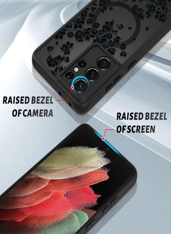 أو أو كيه جراب OOK لهاتف سامسونج جالاكسي S21 ألترا 6.8 بوصة (متوافق مع الشحن اللاسلكي) غطاء هاتف شفاف مزين بالزهور السوداء، مصنوع من مادة TPU الناعمة + مادة PC الصلبة، مقاوم للخدوش والصدمات، جراب مغناطيسي للنساء - أسود - Image 3