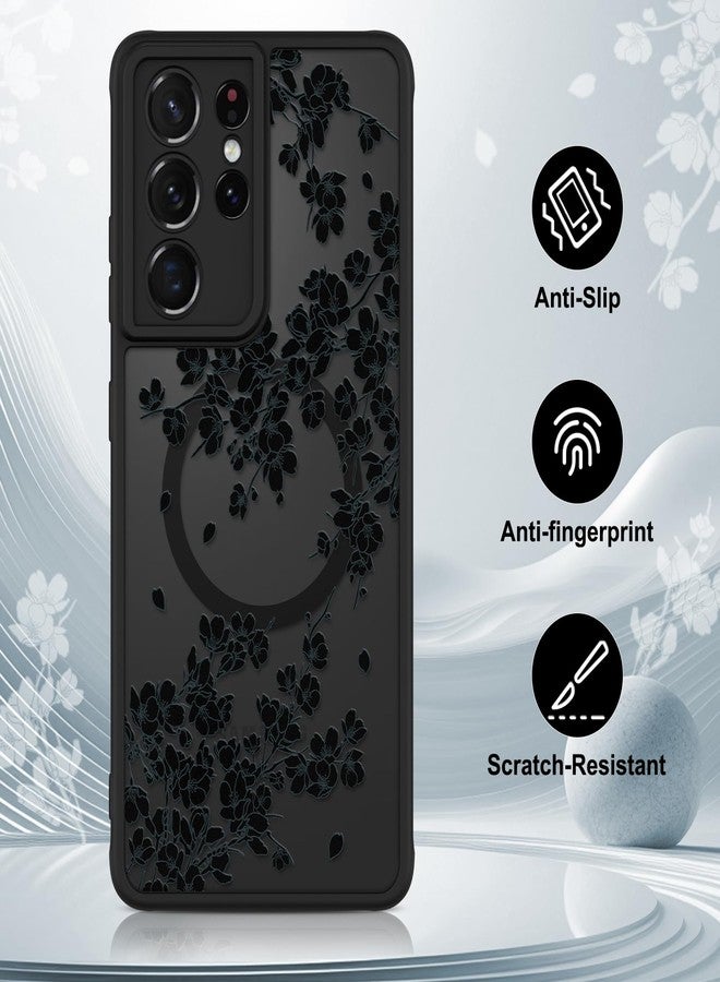 أو أو كيه جراب OOK لهاتف سامسونج جالاكسي S21 ألترا 6.8 بوصة (متوافق مع الشحن اللاسلكي) غطاء هاتف شفاف مزين بالزهور السوداء، مصنوع من مادة TPU الناعمة + مادة PC الصلبة، مقاوم للخدوش والصدمات، جراب مغناطيسي للنساء - أسود - Image 5