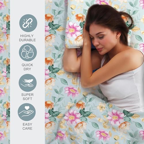 Layers Bloom Blue Floral Printed Double Bedsheet Set for All Seasons | Microfiber Double Bed Sheet with 2 Pillow Covers — Soft, Breathable, Wrinkle-Resistant - Image 3