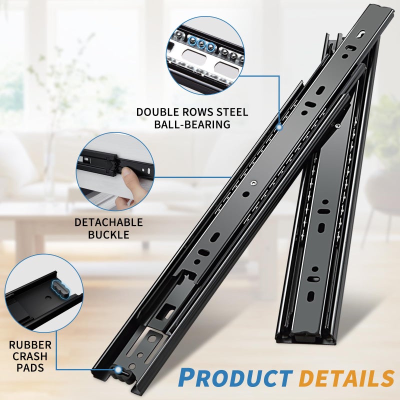 Yenuo 5 Pair Full Extension Drawer Slides Side Mount 10 12 14 16 18 20 22 24 Inch Ball Bearing Metal Black Rails Track Guide Glides Runners Heavy Duty 100 Pound Load Capacity (Basic-5 Pair 10 Inch) - Image 5
