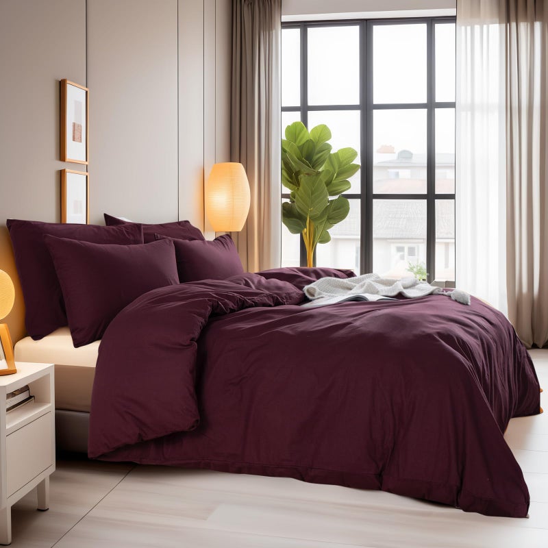 NEXHOME PRO Duvet Cover Set King Size Linen Look Textured Organic Natural 100% Washed Cotton Duvet Cover Burgundy Dark Red 3 Pieces Bedding Set with Zipper, Breathable, Soft (No Comforter) - Image 2