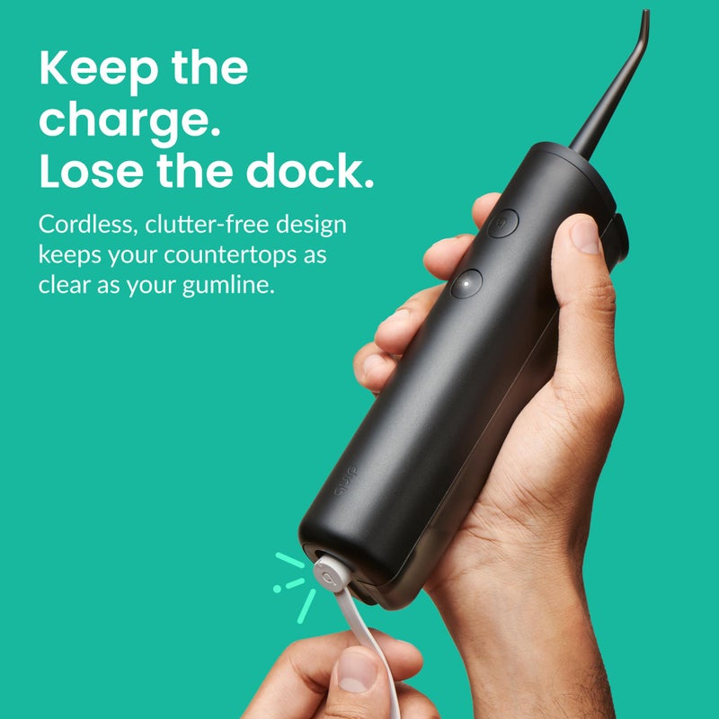 quip Water Flosser - Cordless Water Flosser with Adjustable Water Pressure - Water Teeth Cleaner Pick with 360 Degree Rotating Replaceable Tip, Rechargeable Water Dental Pick, Metal Handle - All-Black - Image 4