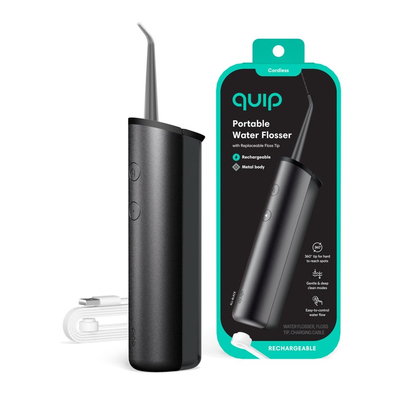 quip Water Flosser - Cordless Water Flosser with Adjustable Water Pressure - Water Teeth Cleaner Pick with 360 Degree Rotating Replaceable Tip, Rechargeable Water Dental Pick, Metal Handle - All-Black - Image 1