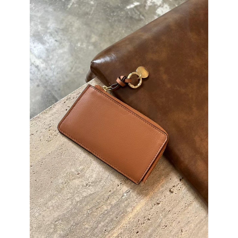 Top Layer Cowhide Card Bag Womens Niche Genuine Leather Ultra-thin Card Bag New Fashion Zipper Small Coin Purse Card Holder Caramel color