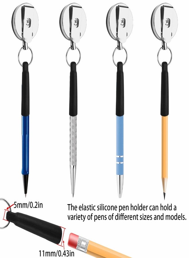 Farady 4Pcs Silicone Pull Pen Pencil Holder Heavy Duty Retractable Pen Sleeve Elastic Pen Holder Pencil Holder Keychain with 24" Steel Rope for Workers, Waiters, Doctors, Nurses - Image 3