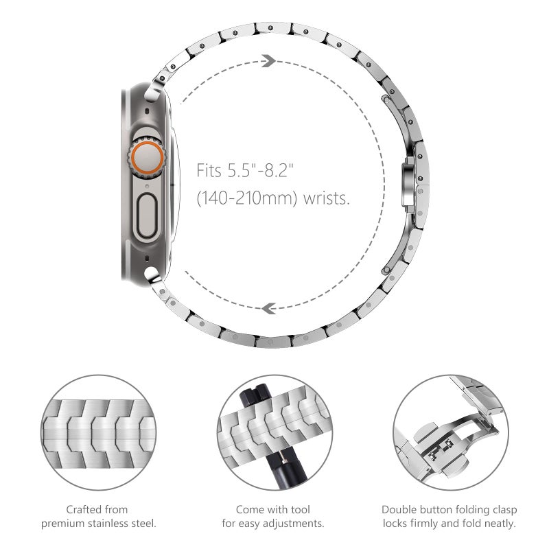 KADES Stainless Steel Link Bracelet for Apple Watch Band Ultra 3/2/1 49mm Series 11/10 46mm 9/8/7 45mm 6/5/4 44mm Series 3/2/1 42mm, Heavy Duty Metal Strap for Men, Silver - Image 3
