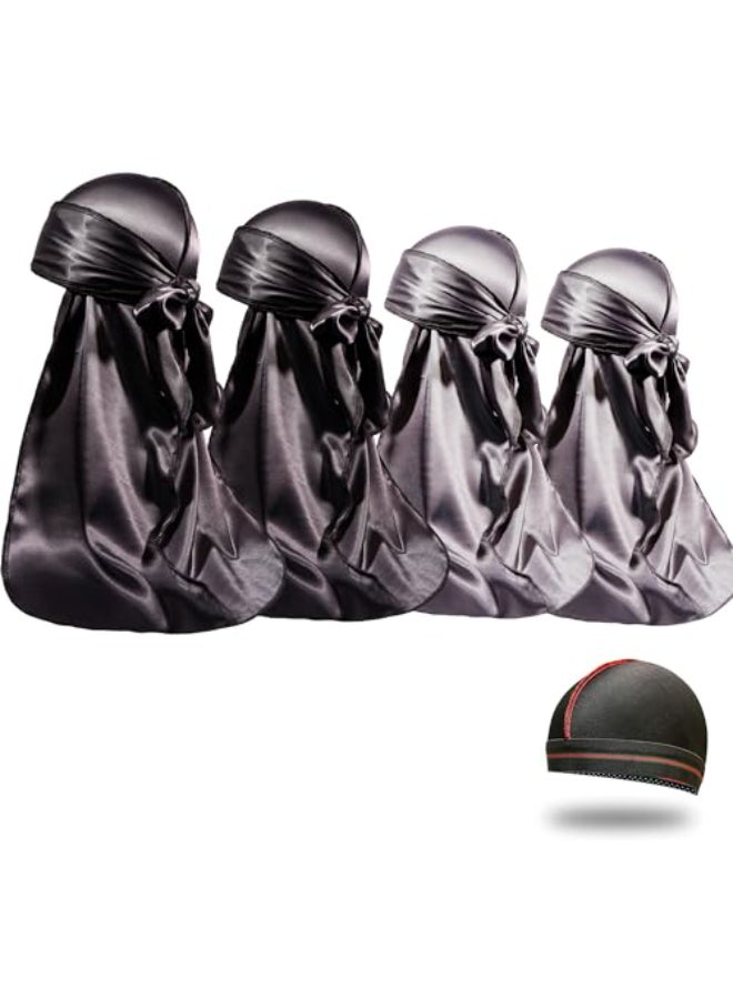 ForceWave 4PCS Silky Durags for Men Women 360 Waves with 1 Wave Cap Silky Satin Durag Extra Long Tails - Image 1